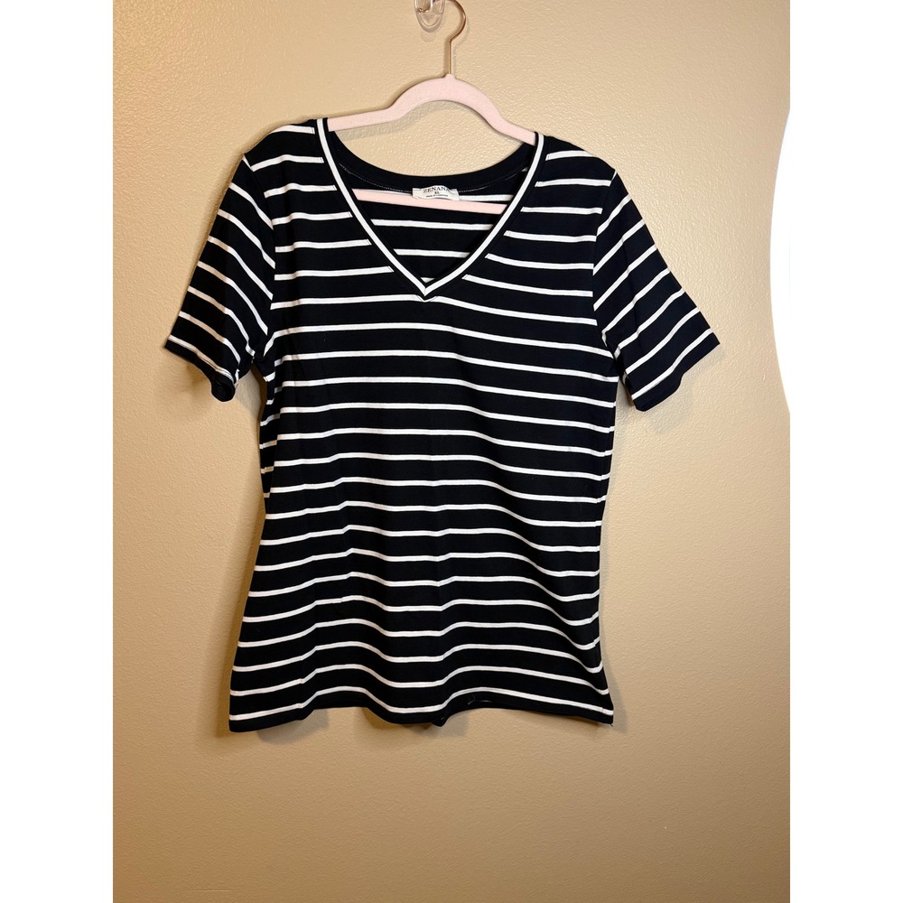 Zenana Womens V-Neck Striped Short Sleeve T-Shirt Black White XL